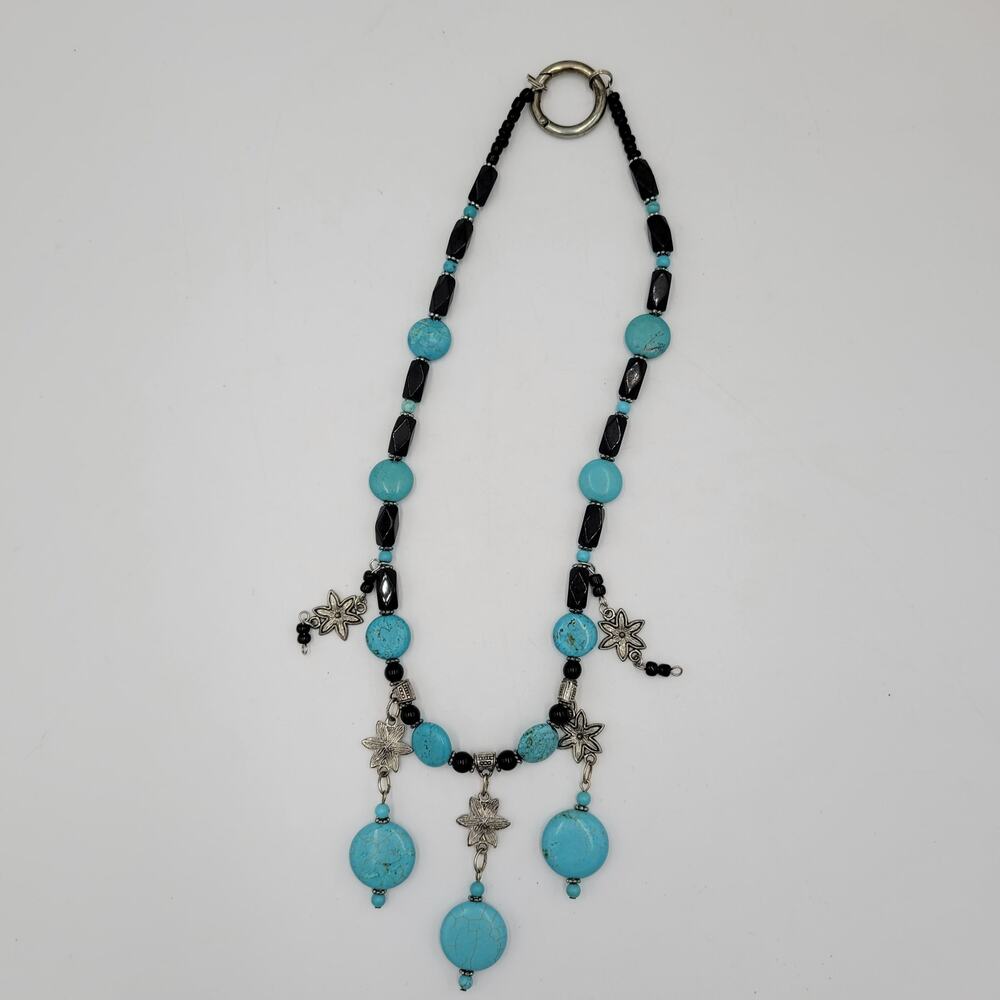 Womens Turquoise Necklace 18" Black Silver Beaded Collar Statement‎ Jewlery